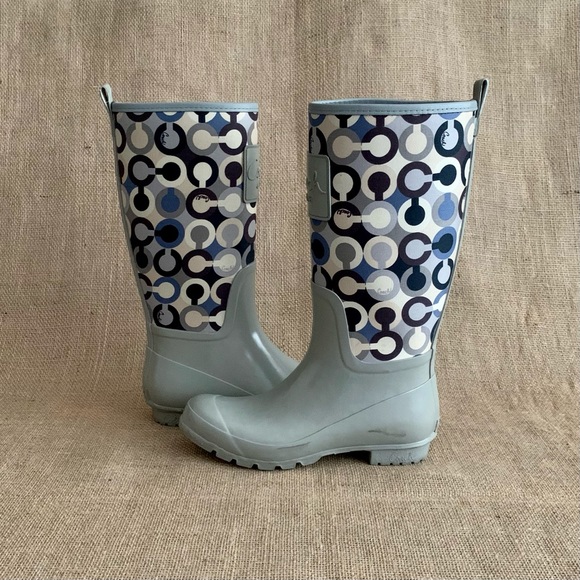 COACH Logo Rain Boots Gray Cream Brown Blue 7